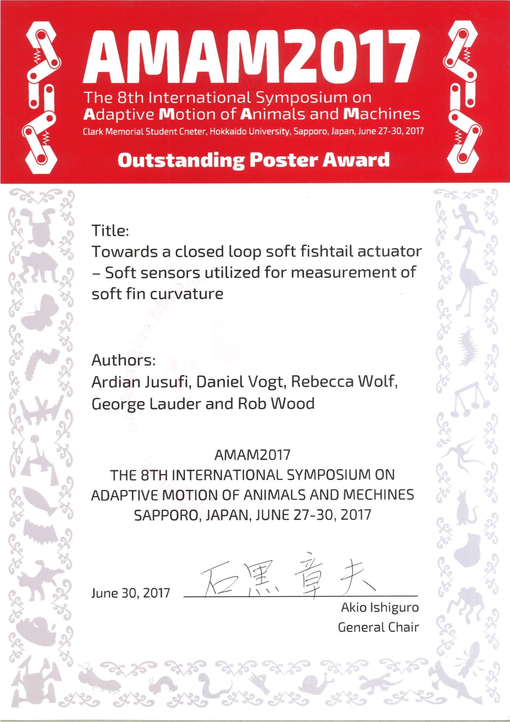 AMAM 2017 Outstanding Poster Award certificate, Hokkaido University, Japan