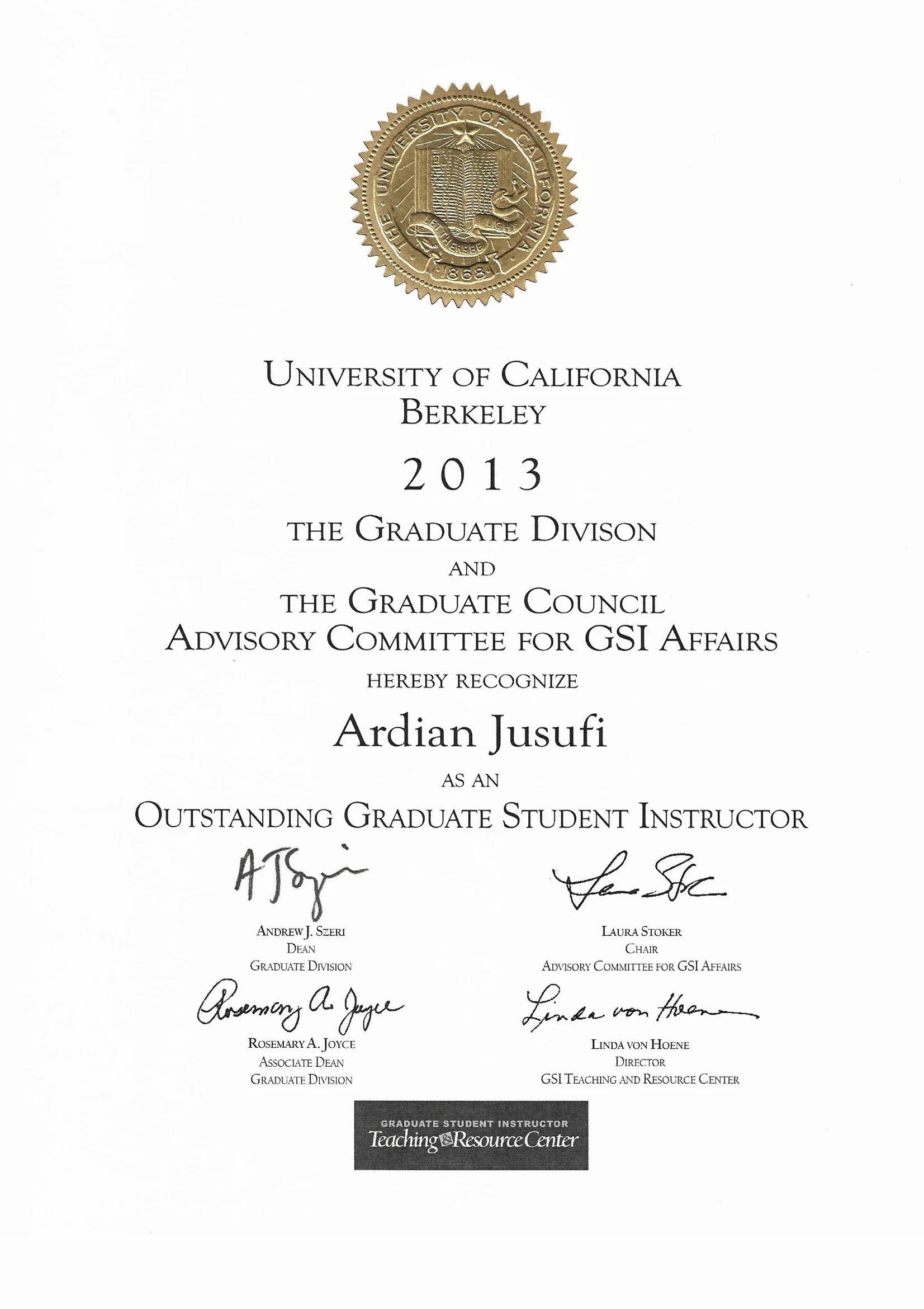 Outstanding Teaching Award certificate, U.C. Berkeley