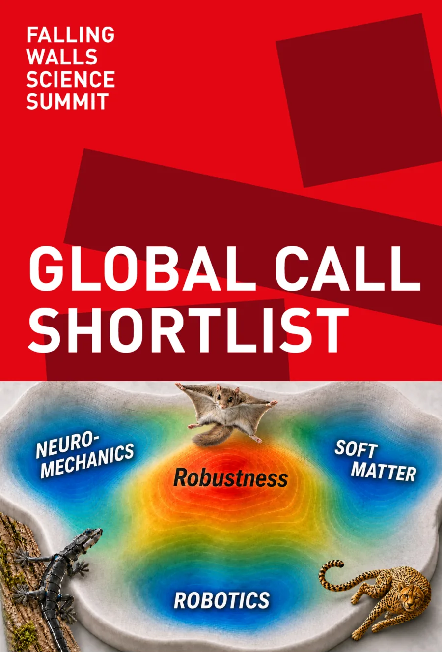 Falling Walls Science Summit — Global Call Shortlist poster over a concept illustration mapping robustness across neuromechanics, soft matter, and robotics, with a flying squirrel, robotic salamander, and cheetah